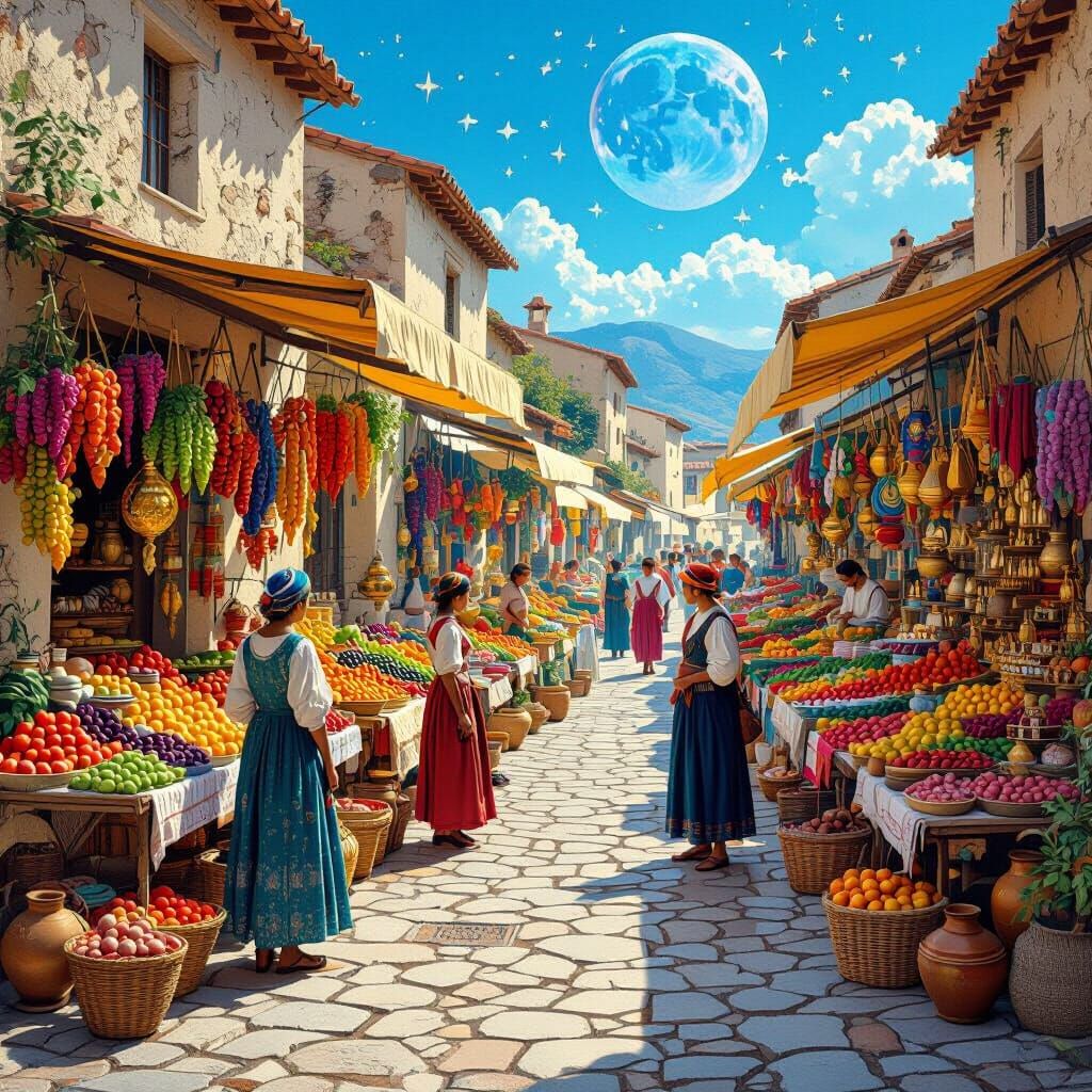 Vibrant Market in Pompeii Village: Cosmic Mixed Media