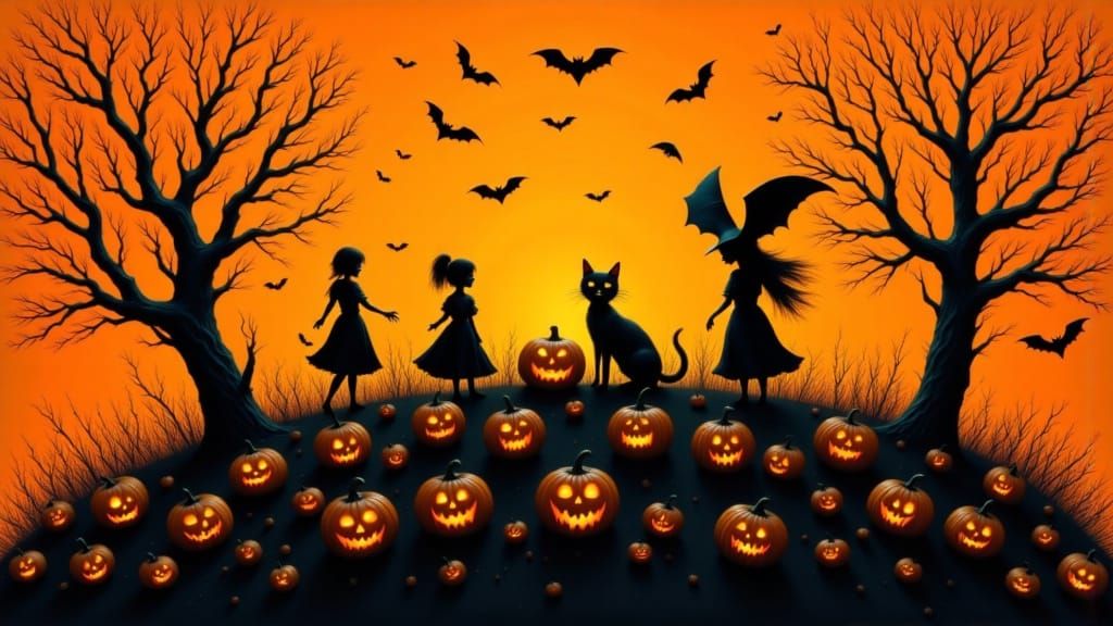 Vintage Halloween Silhouette Art in Autumn Mood