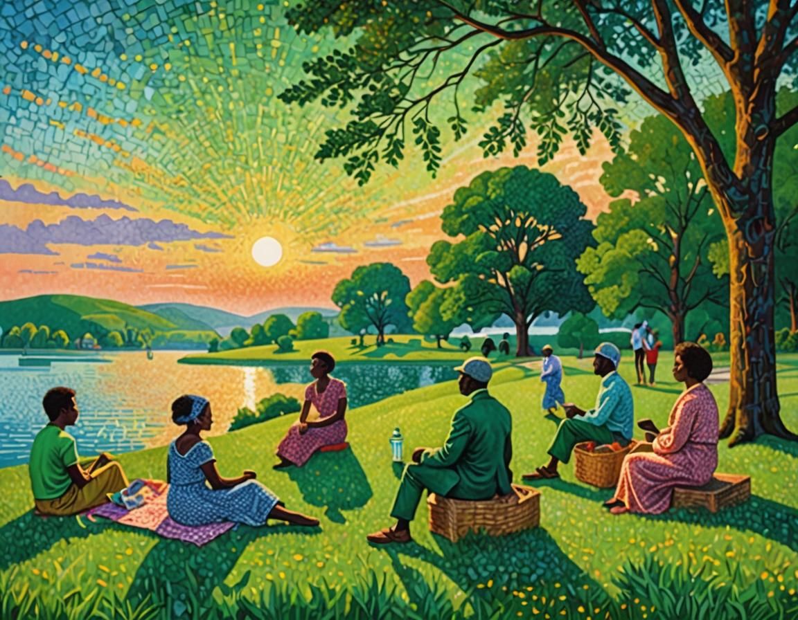Lakeside Picnic in Pointillist Style at Sunset