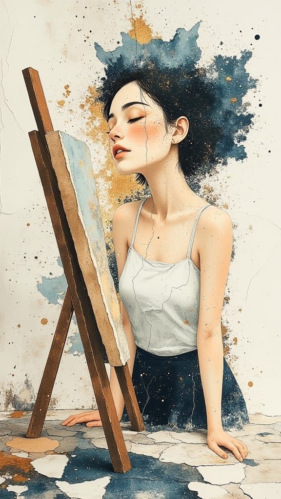 Collage Portrait of Woman in Watercolor Style