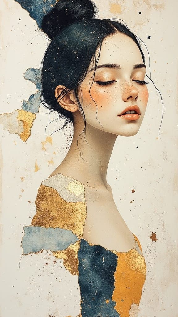 Collage Portrait of Woman in Watercolor Style