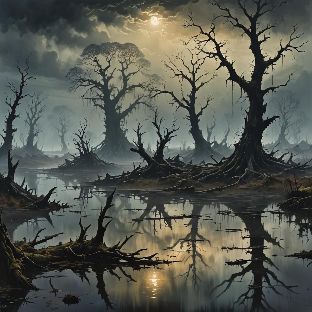 Dark Fantasy Landscape of Twisted Trees and Treacherous Fen