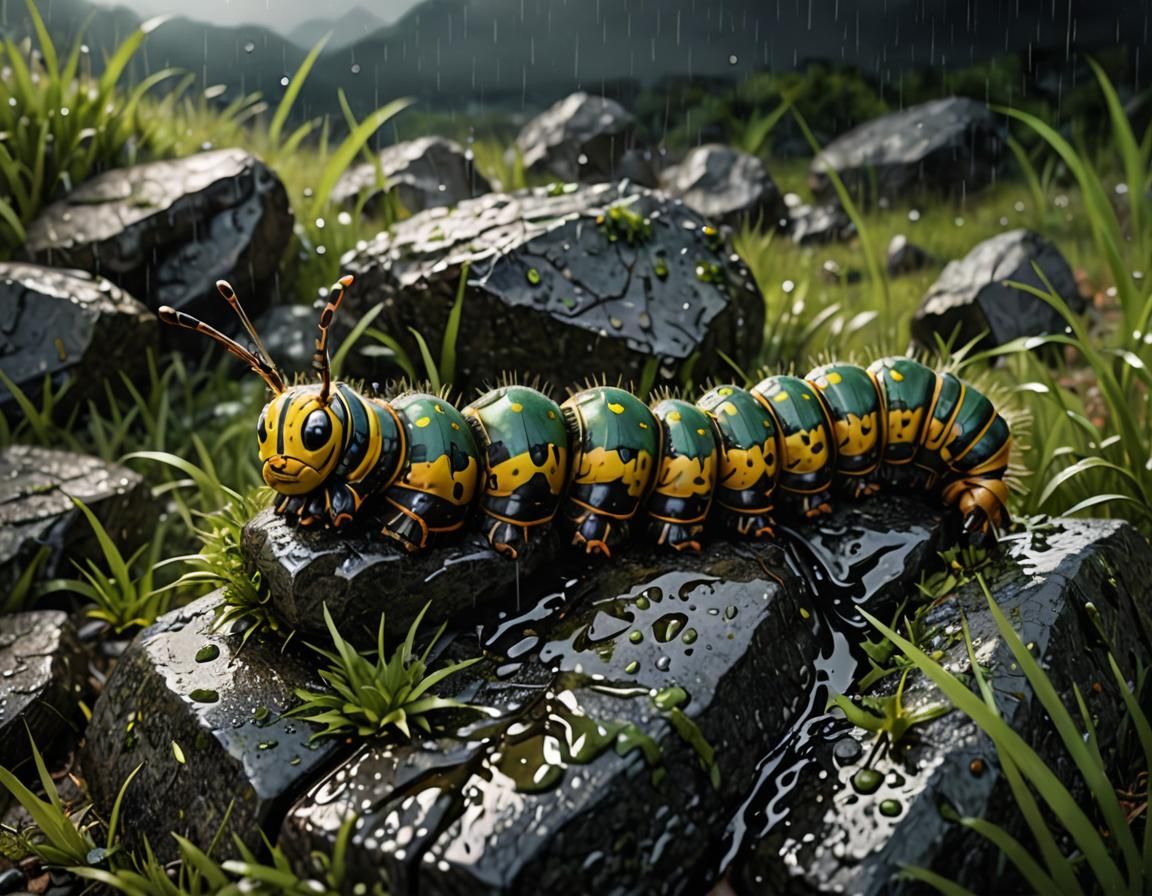 Caterpillar on Rain-Kissed Rocks: Hyperrealistic Photoillust...