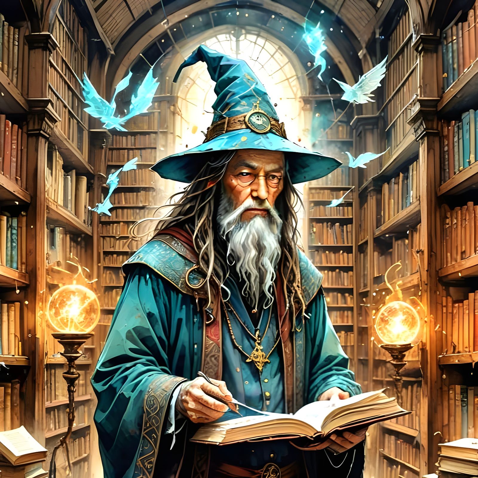 Wizard in Ancient Library, Watercolour Style