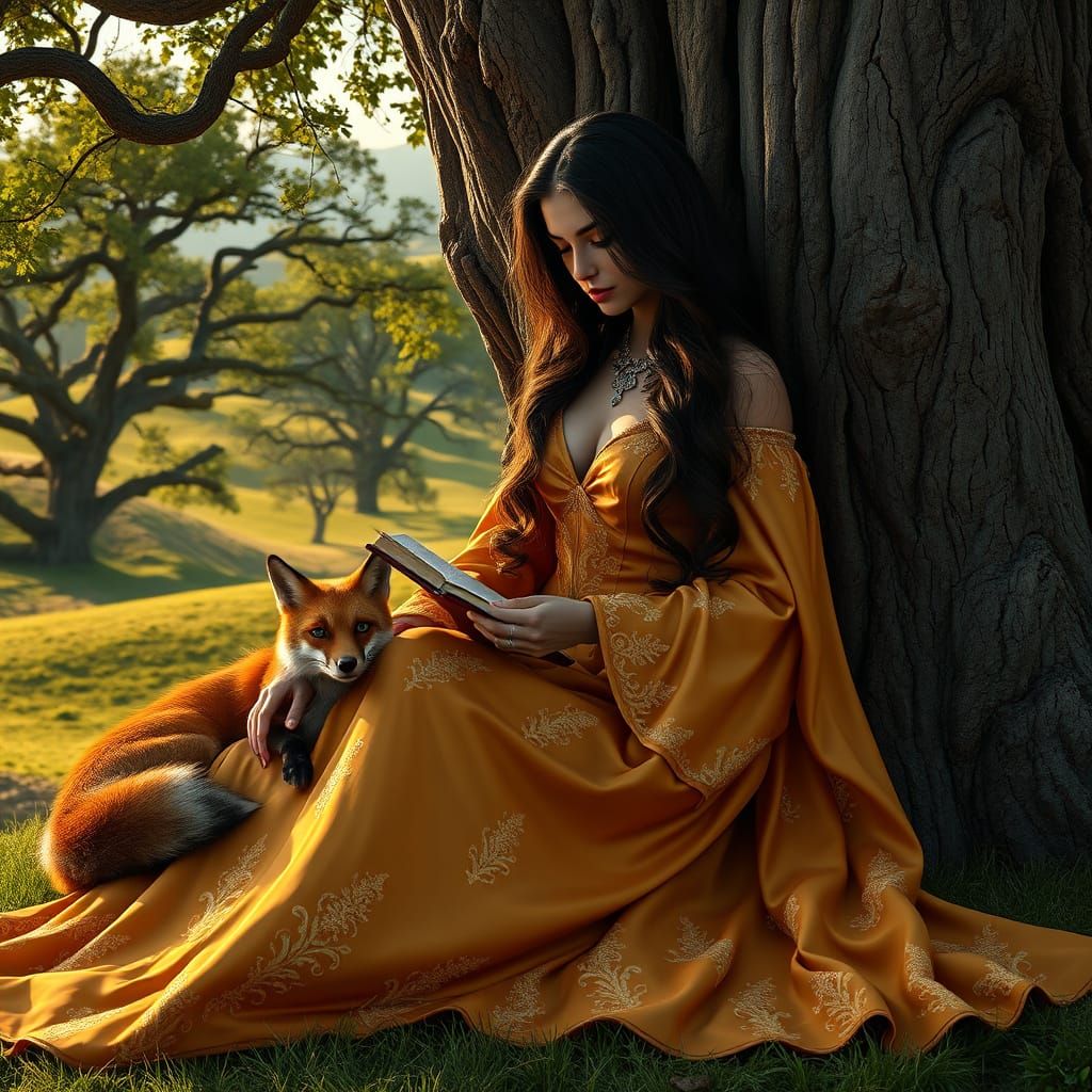 Regal Woman Reads in Enchanted Forest