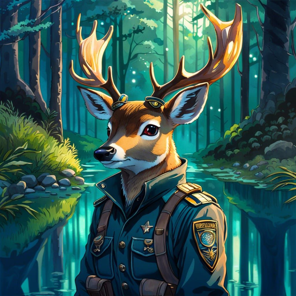 Anime Deer Policeman in Tranquil Lake Landscape