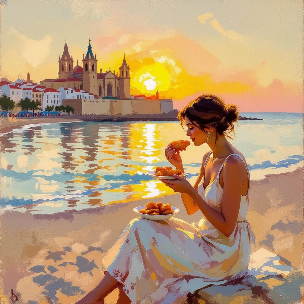 Sunset Beach Dinner: Impressionistic Coastal Scene