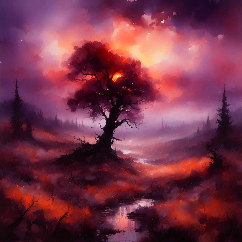 Misty Forest Sunset in Muted Oil Painting Style