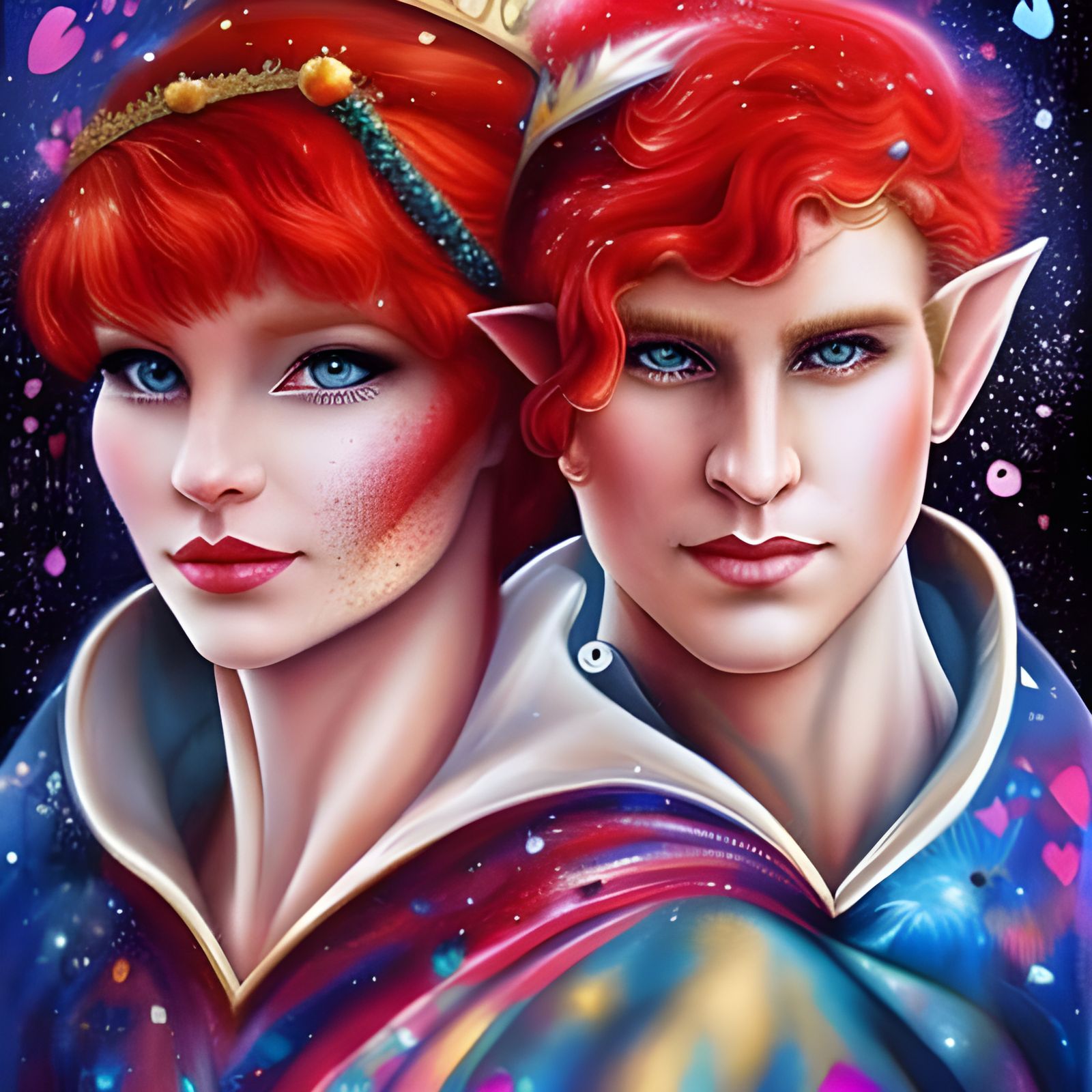 Symmetrical accurate beautiful, red-haired snow white elf and blonde-haired prince charming elf in love, valentine, soul...