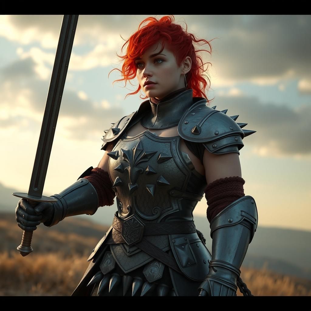 Redhead Warrior Queen with Sword in Stalenhag Style