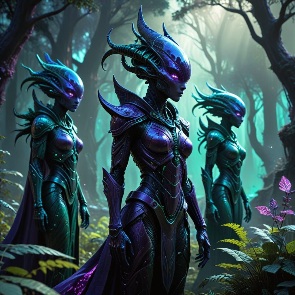 Cosmic Fantasy Characters in Alien Forest