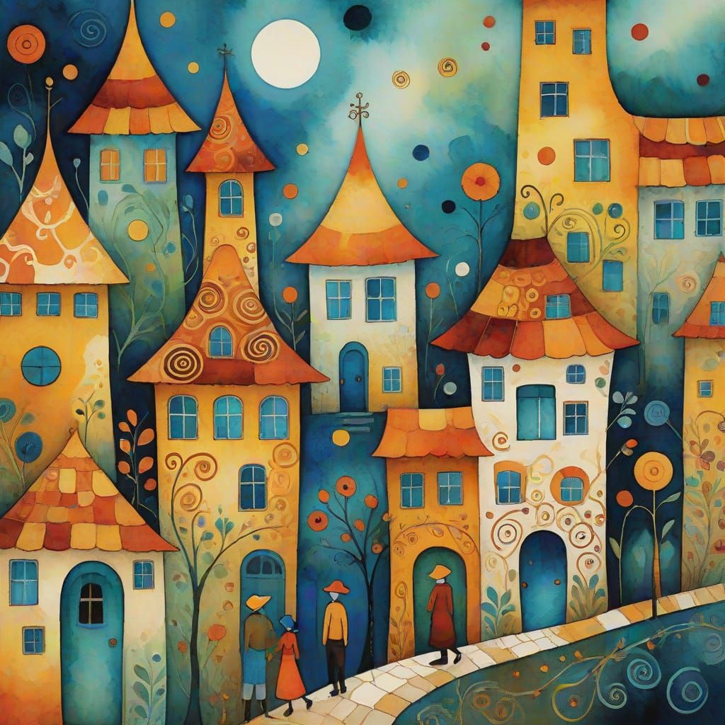 Whimsical Folk Art Nouveau Village Scene