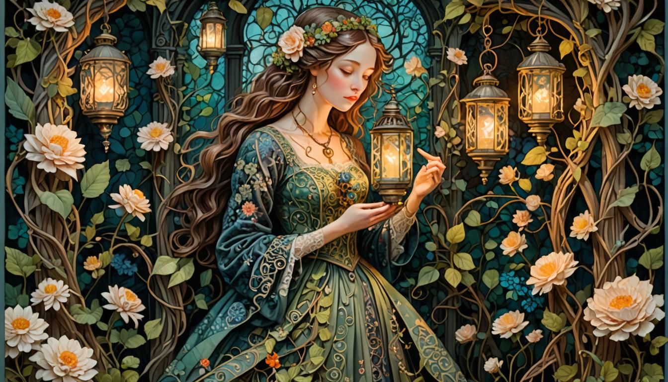 Enchanted Garden Woman with Lantern: Mixed Media Art