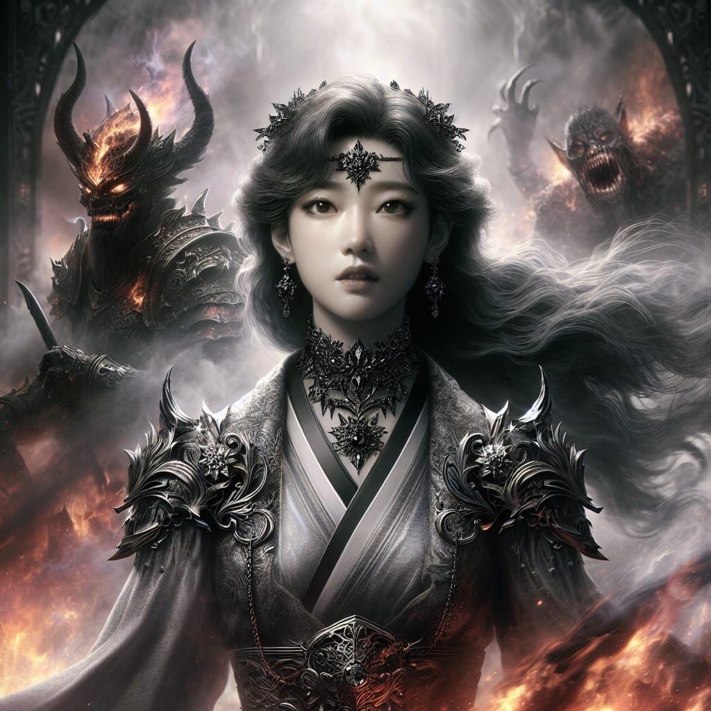 Warrior Princess in Dark Fantasy Landscape