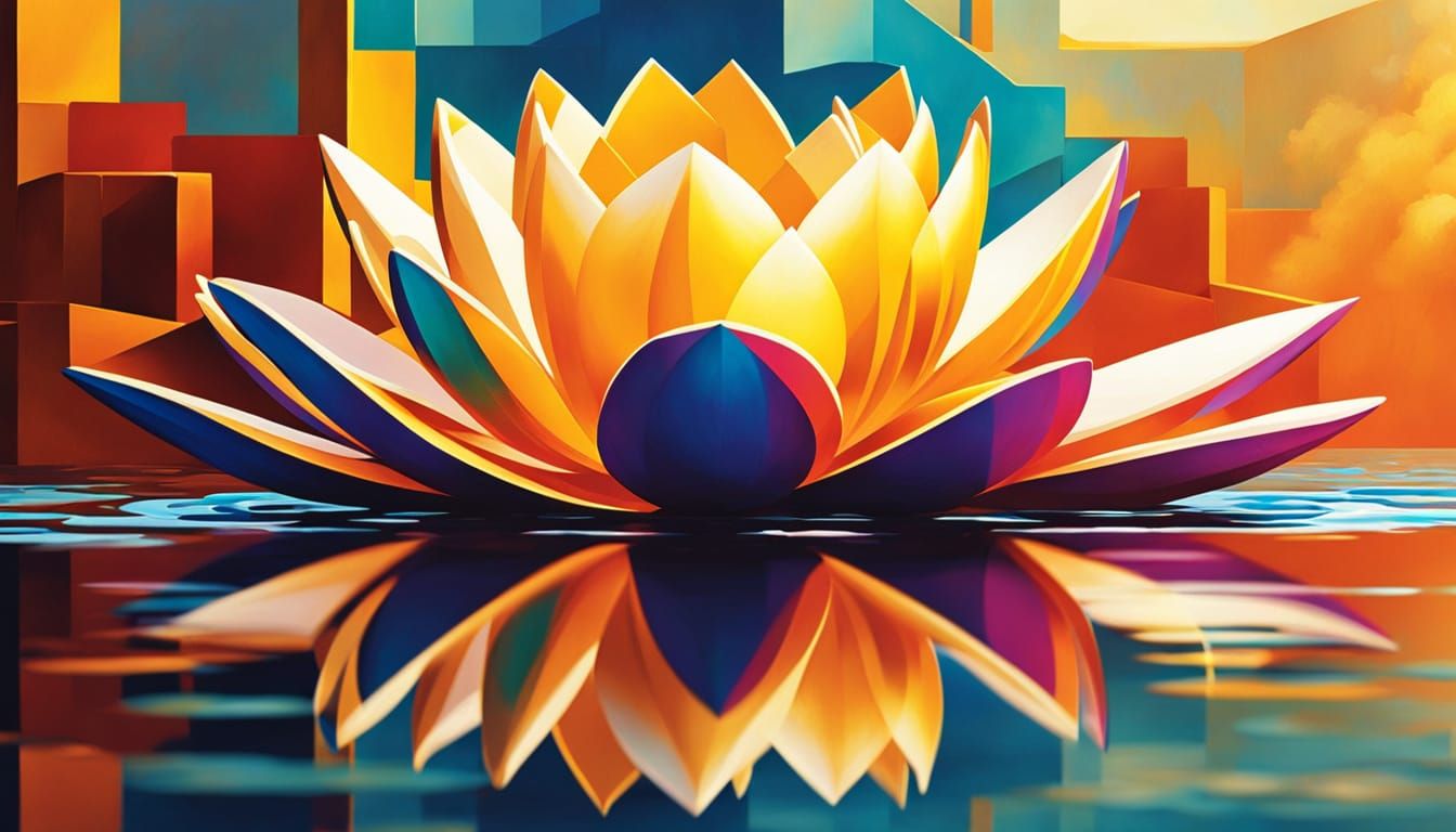 Lotus in Mist: A Neo-Cubist Geometric Painting