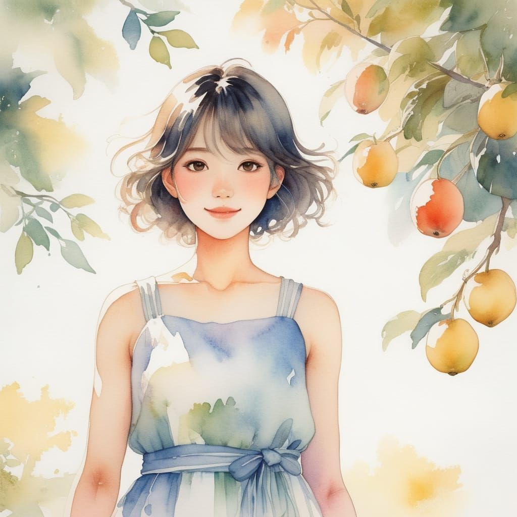 Idyllic Anime Scene with Whimsical Fruit Tree