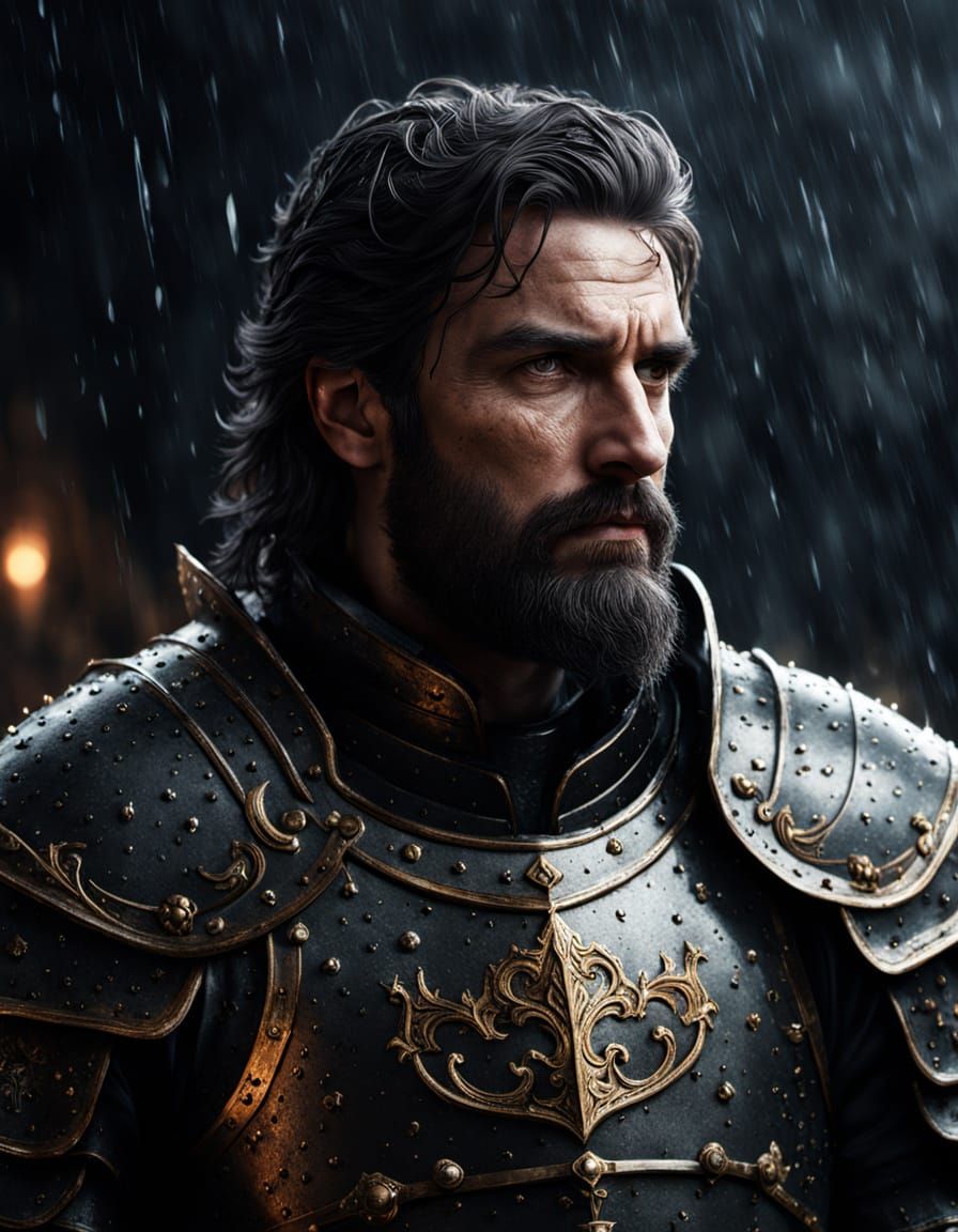 Medieval Knight in Rain: Hyper-Realistic Cinematic Portrait