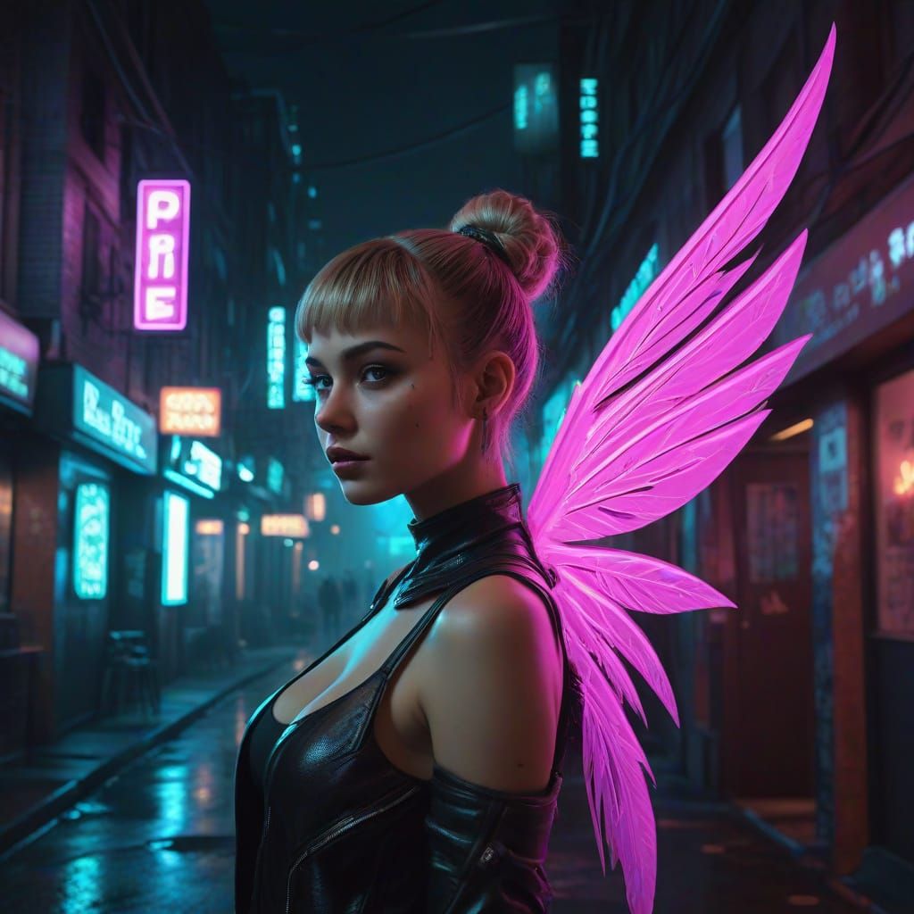 Cyberpunk Pixie Pub Neon Noir in Dark Alley