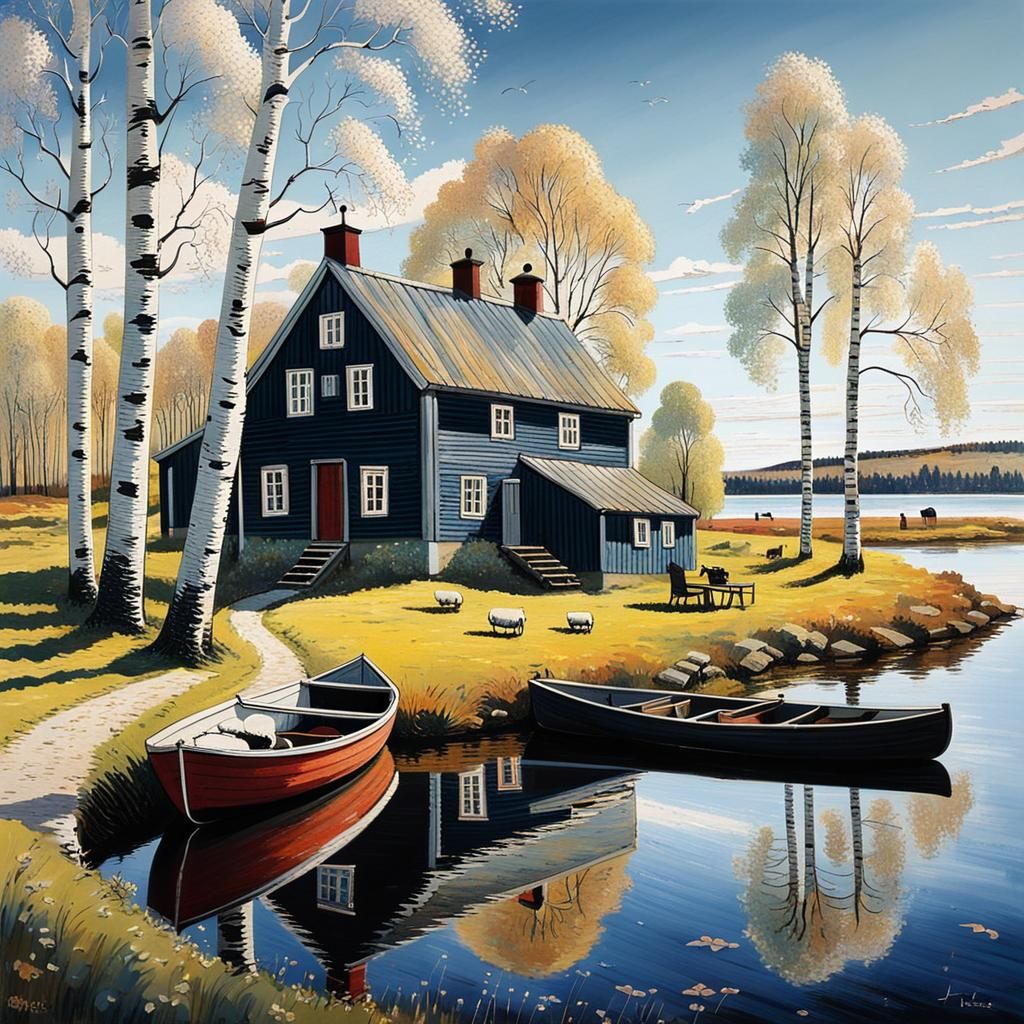 Idyllic Swedish Farm Scene in Vibrant Spring Colors