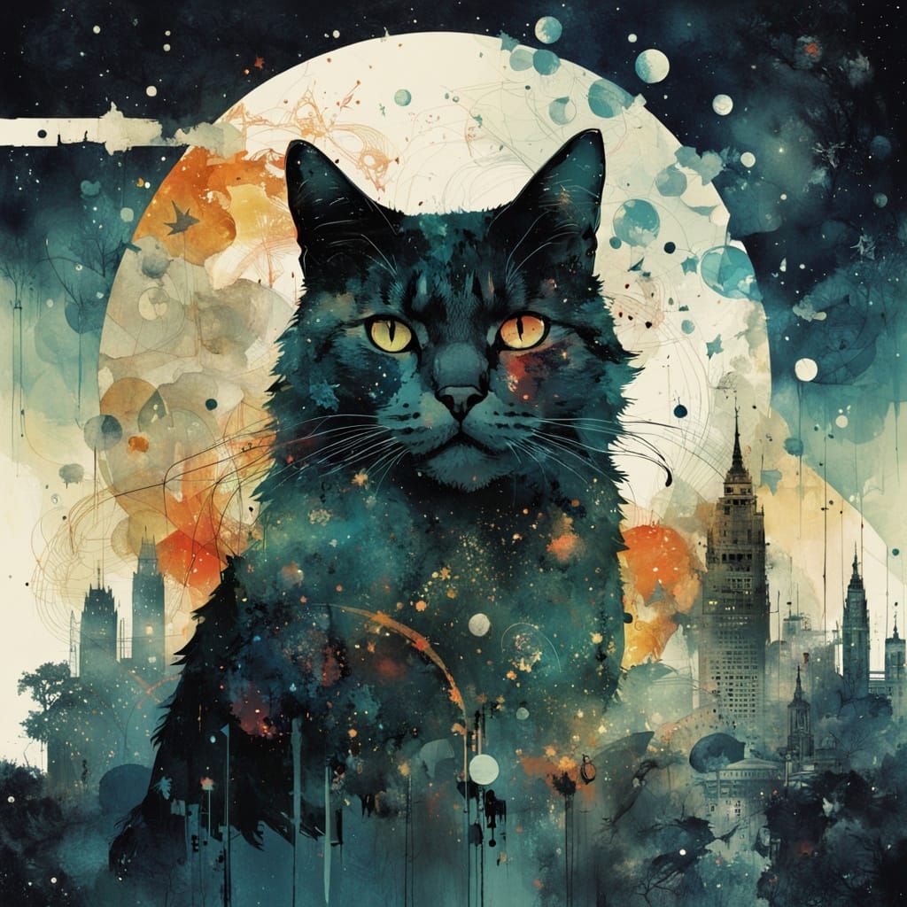 Cosmic Cat Silhouette in Vibrant, Ethereal Galaxy