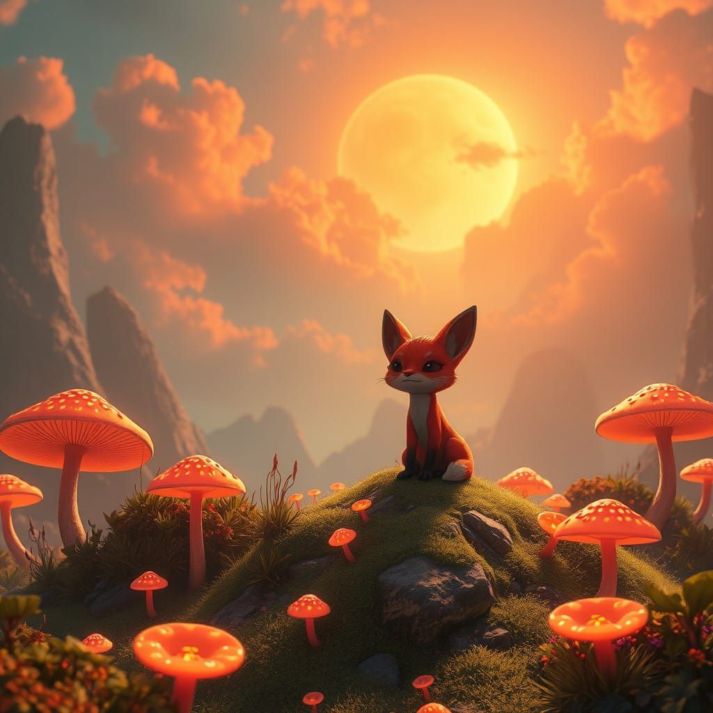 Whimsical Fox Alien in Vibrant Orange Sky