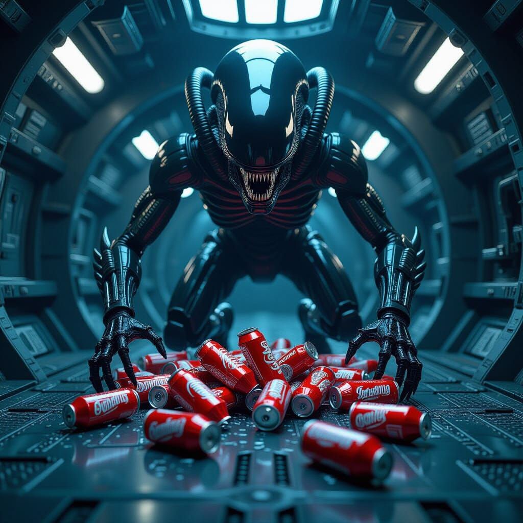 Xenomorph Looms Over Soviet Soda in Anime Style