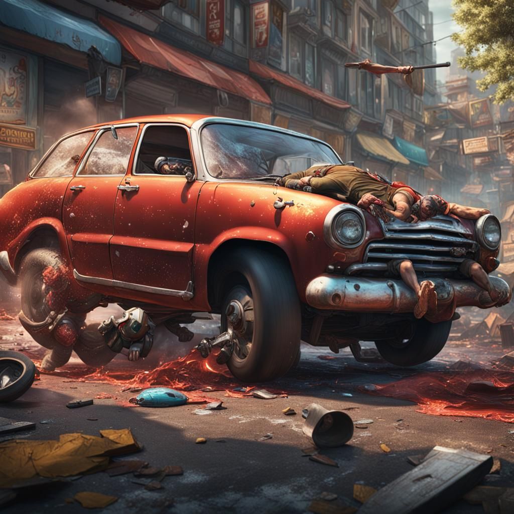 Man Crushed Under Car: Detailed Matte Painting