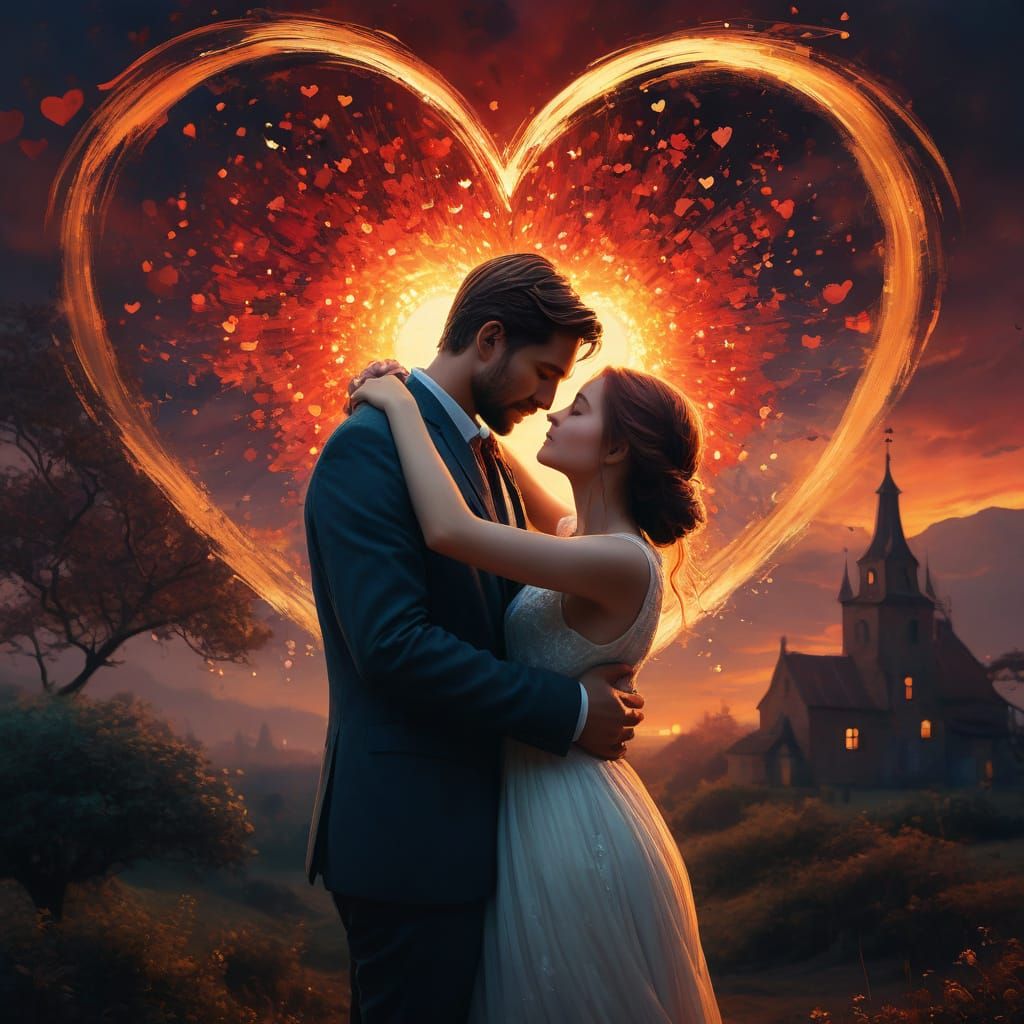 Couple Embracing Under Heavenly Heart of Fire