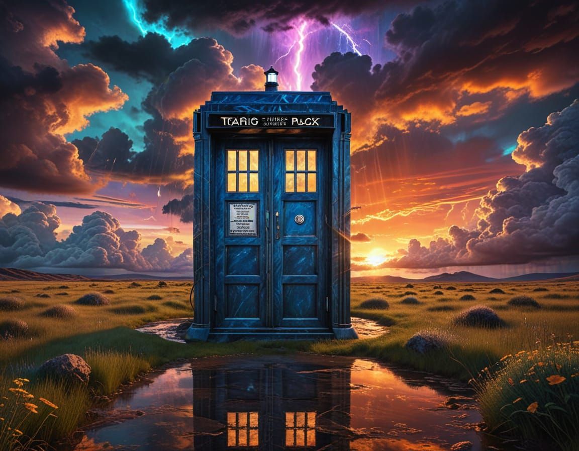 TARDIS in a Heavenly Synthwave Landscape