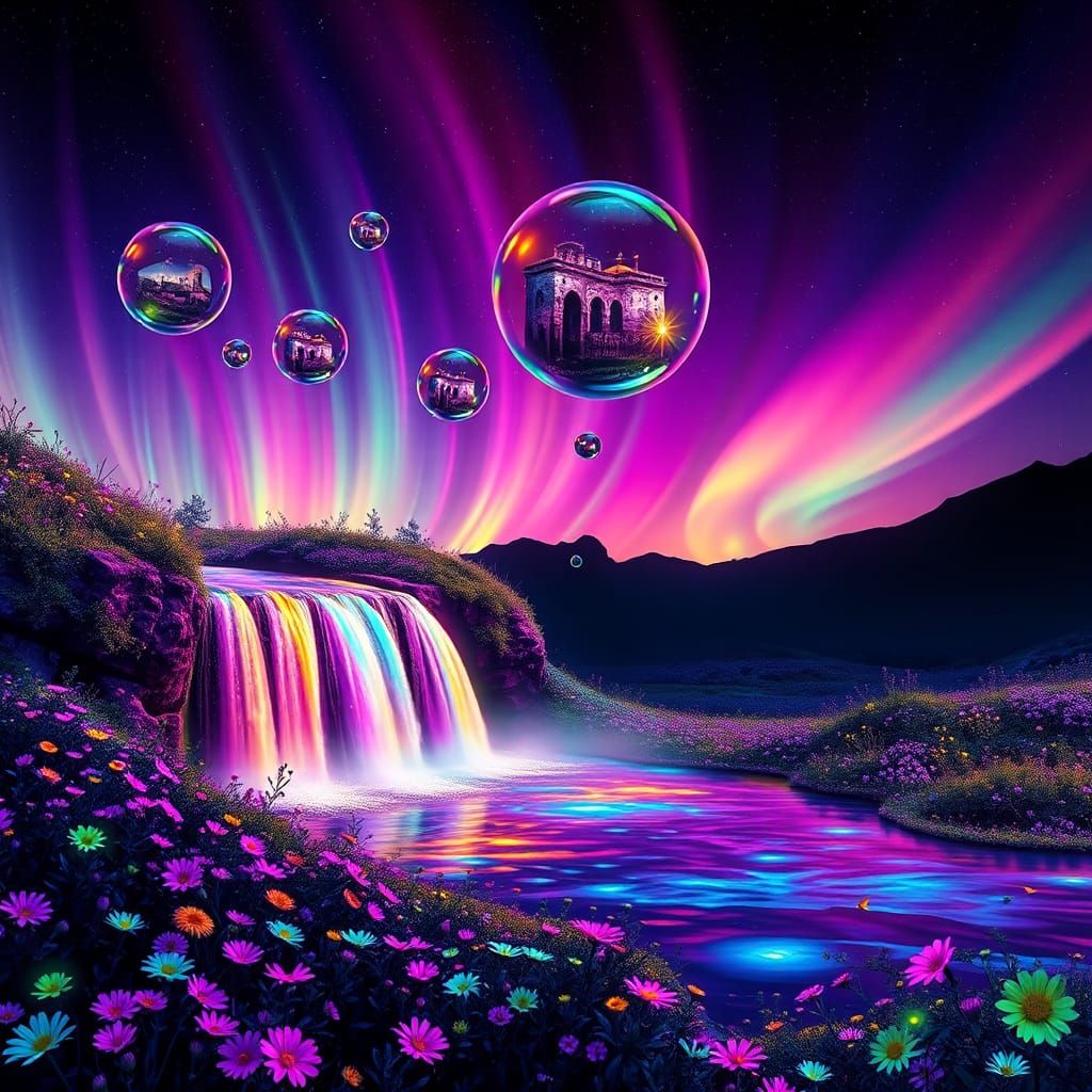 Iridescent Waterfall in Bioluminescent Floral Meadow