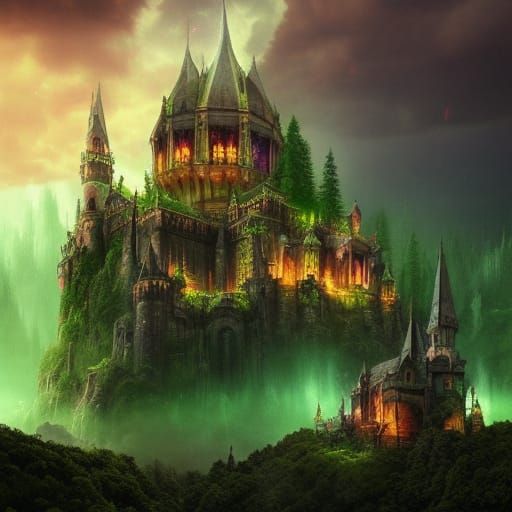 Dramatic Dark Castle in Forest with Lightning