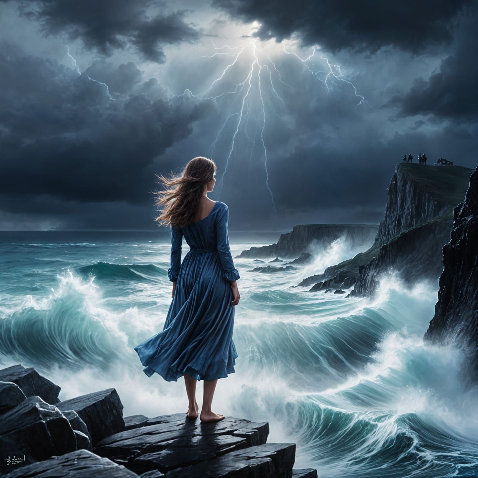 Woman on Cliff Overlooking Stormy Sea in Watercolor Style