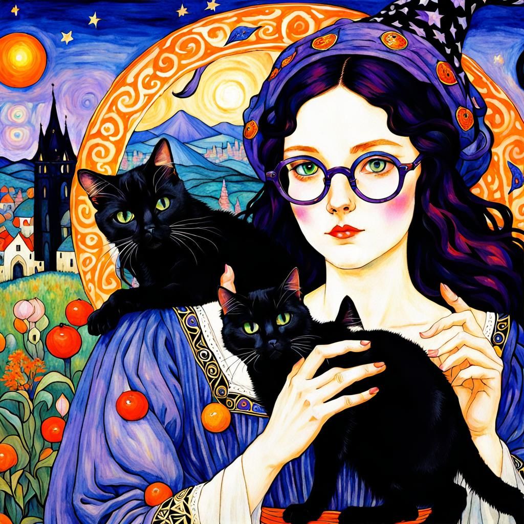 Anime Sorceress with Black Cat in Vibrant Art Style