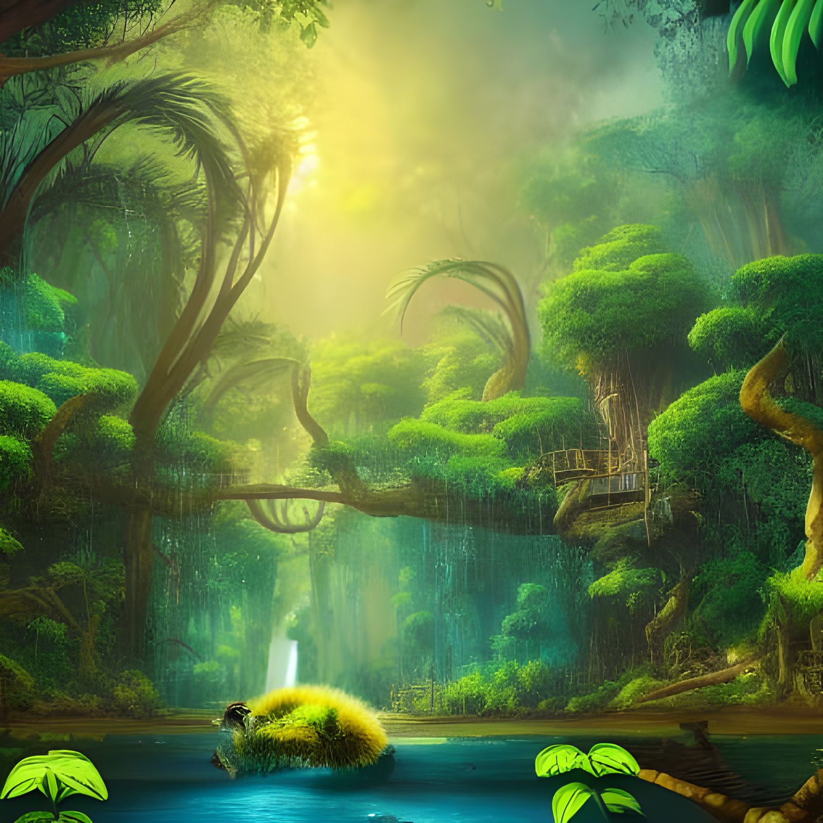 Cute Sifaka in Jungle Lagoon, Fantasy Art