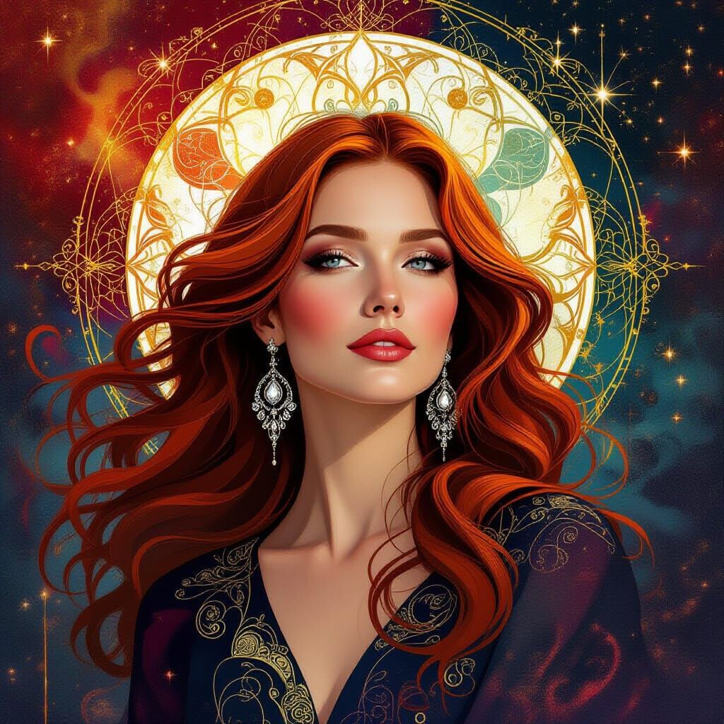 Auburn-Haired Woman in Cosmic Art Nouveau Style