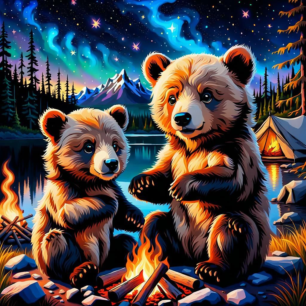Cozy Campfire Scene with Cute Baby Bear Cubs