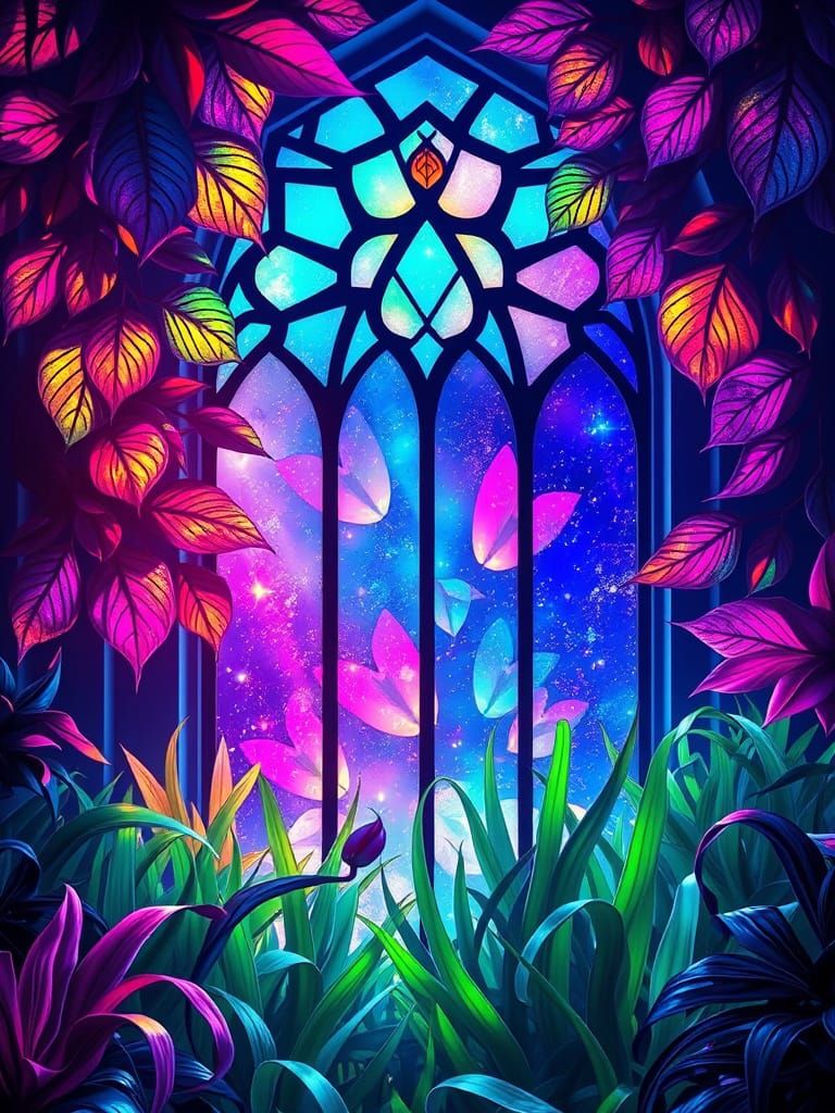 Iridescent Stained-Glass Window with Neon Foliage