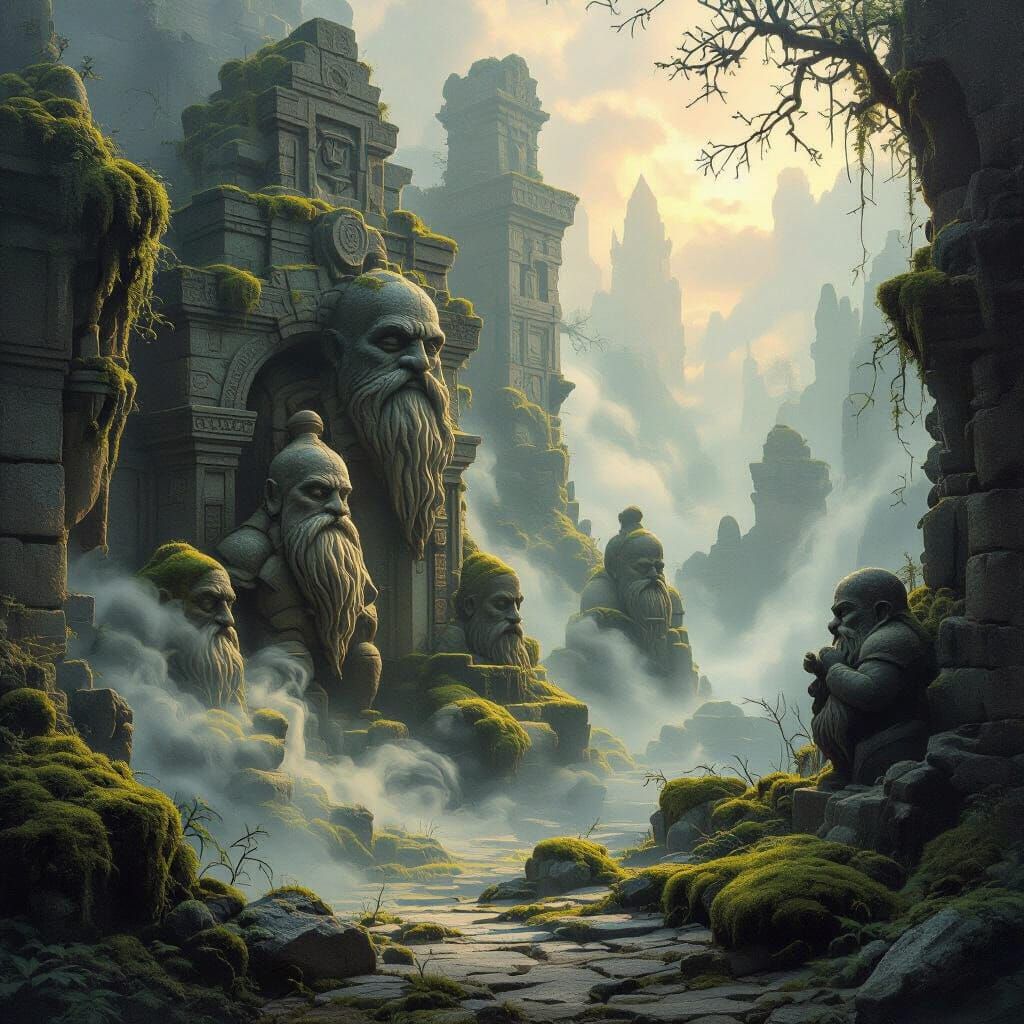 Ancient Dwarven Ruin with Crumbling Statues in Misty Glow