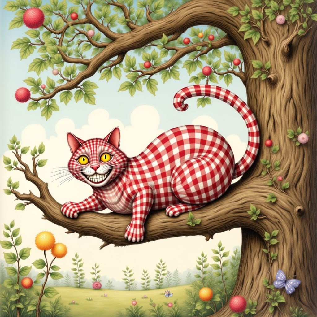 Gingham Cheshire Cat in Fantastical Illustration Style