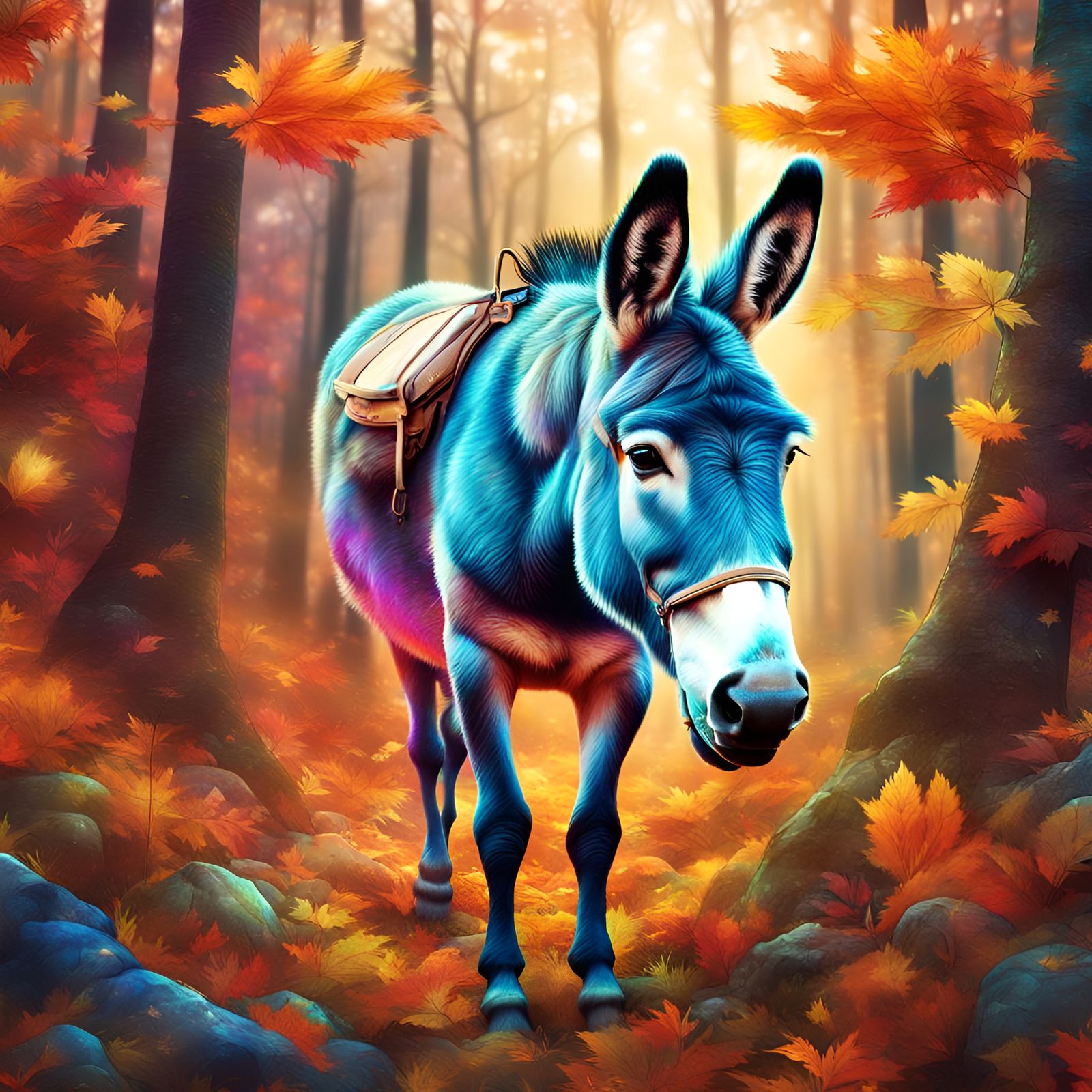 Donkey in Autumn Forest: Holographic Astral Illustration