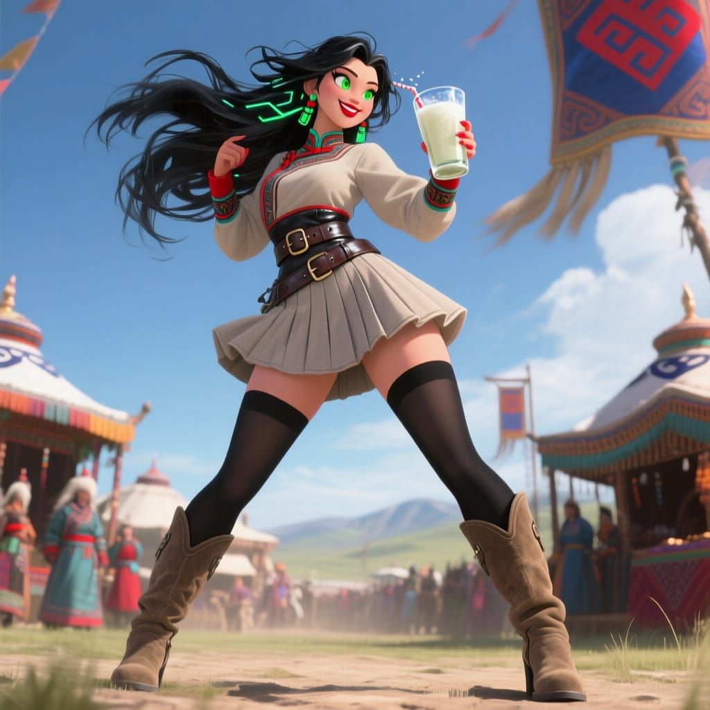 Mongolian Goddess Drinks Airag in Anime Style