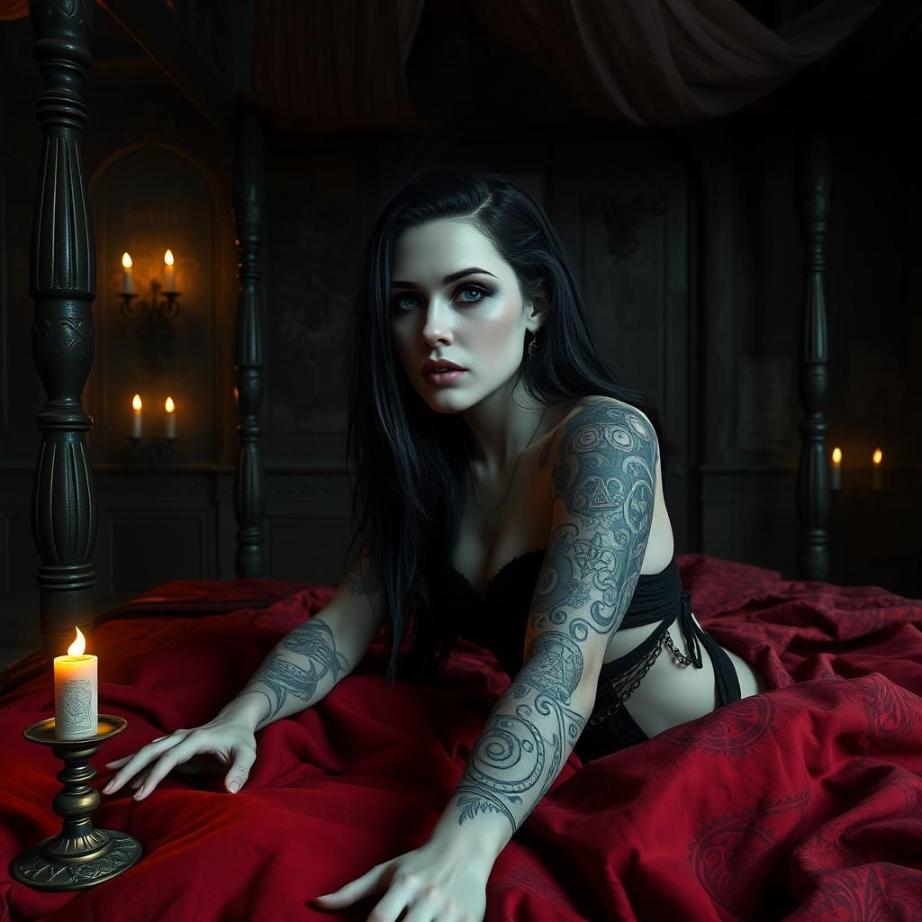 Gothic female, wearing only tattoos. Lying on bed in an eeri...