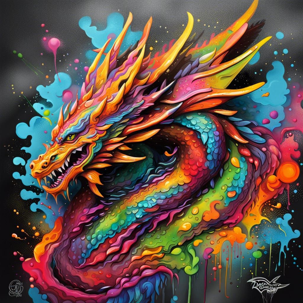 Colorful Flying Dragon in Graffiti Street Art Style