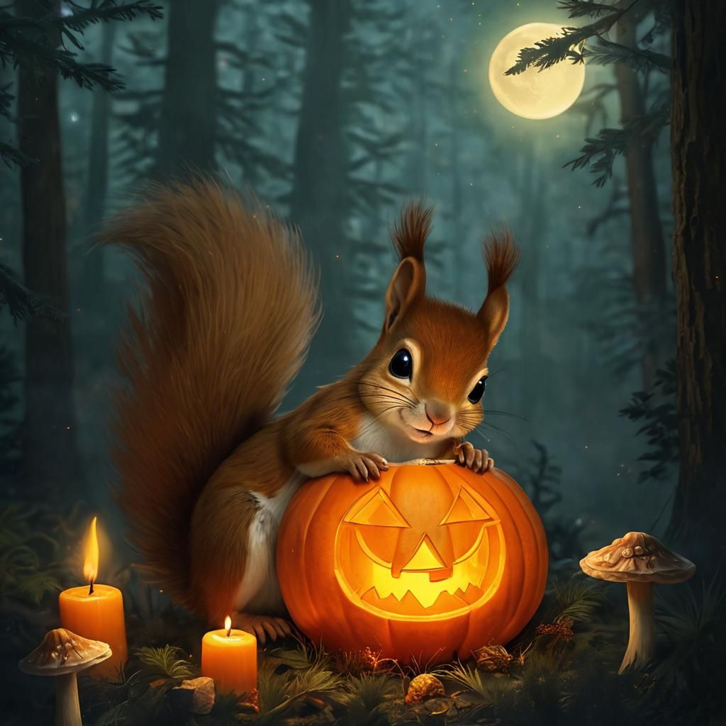 Baby Squirrel Carving Jack-o-Lantern on Halloween