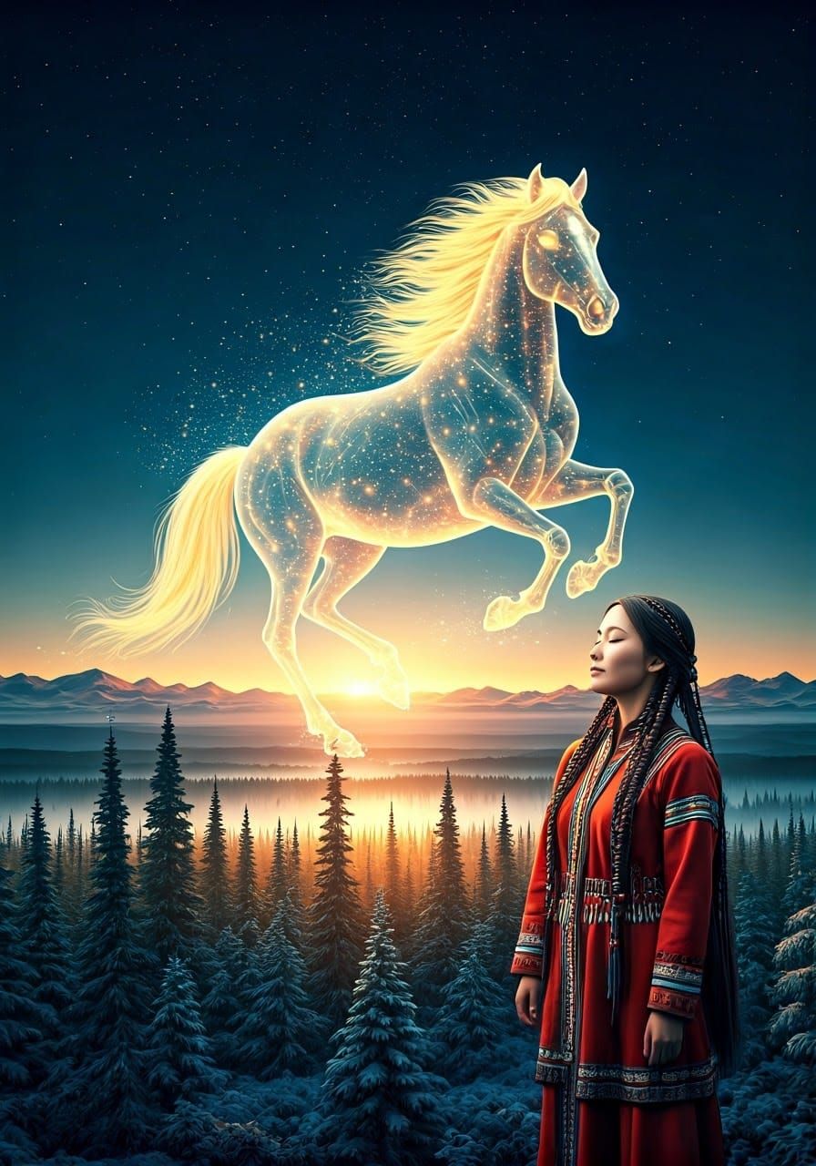 Celestial Ghost in Starlight Hologram Rides a Fluffy Horse T...