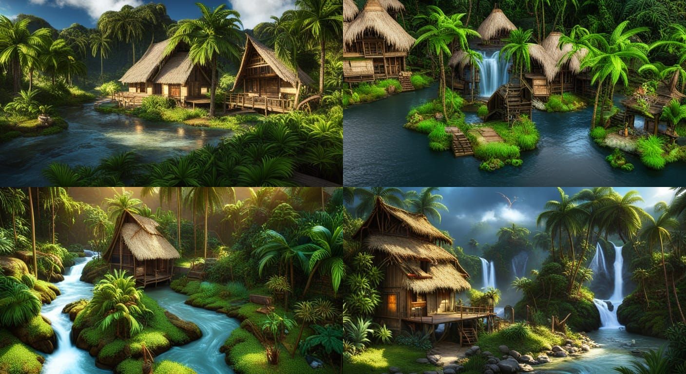Amazon Rainforest River Village Matte Painting