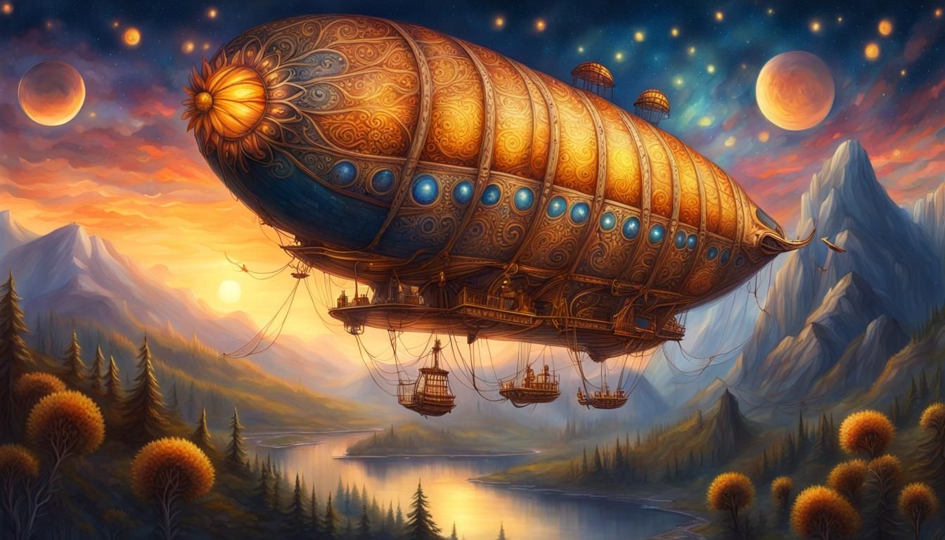 Fantasy Sunflower Airship Over Mountain at Sunset