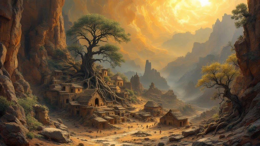 Ancient Village Erupts from Volcanic Crater in Dreamlike Lan...