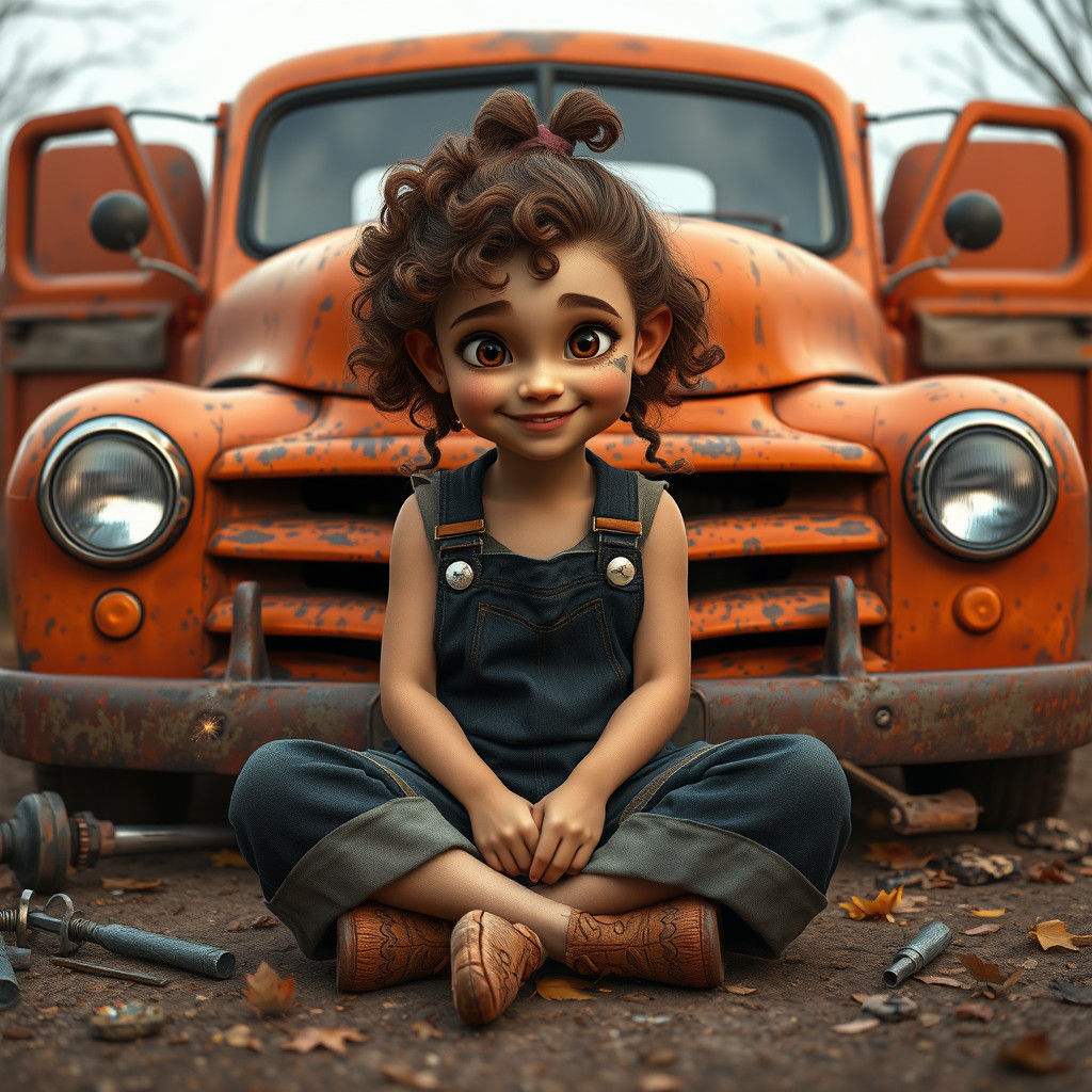 Whimsical Witch Mechanic Repairs Rusty Orange Truck