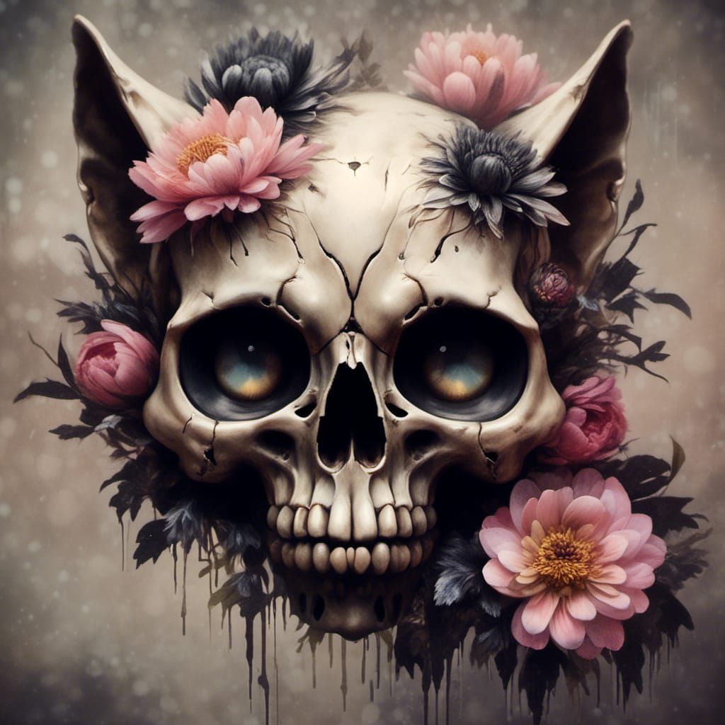 Feline Skull with Flowers Photorealistic Close-up